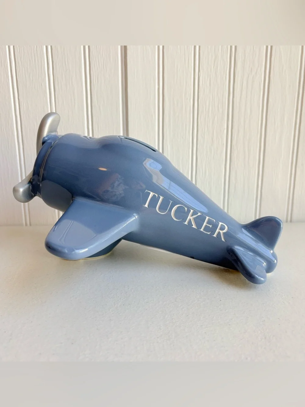 NEW Mark and Graham TUCKER Airplane Coin piggy bank blue hand painted baby gift